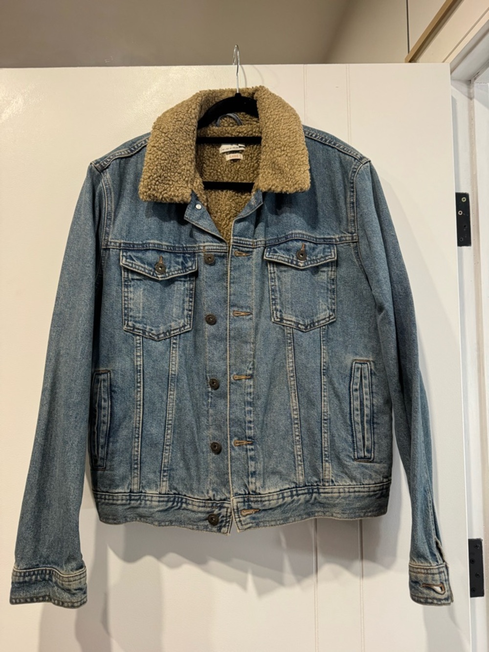 Topman Light Blue Denim Jacket with Tan Sherpa Collar